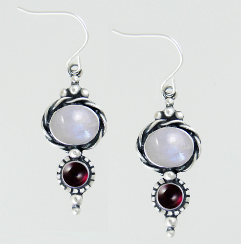 Sterling Silver Drop Dangle Earrings With Rainbow Moonstone And Garnet